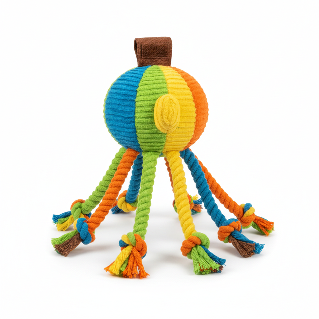 Peluche polvo colorido com dispensador de snacks em fundo branco